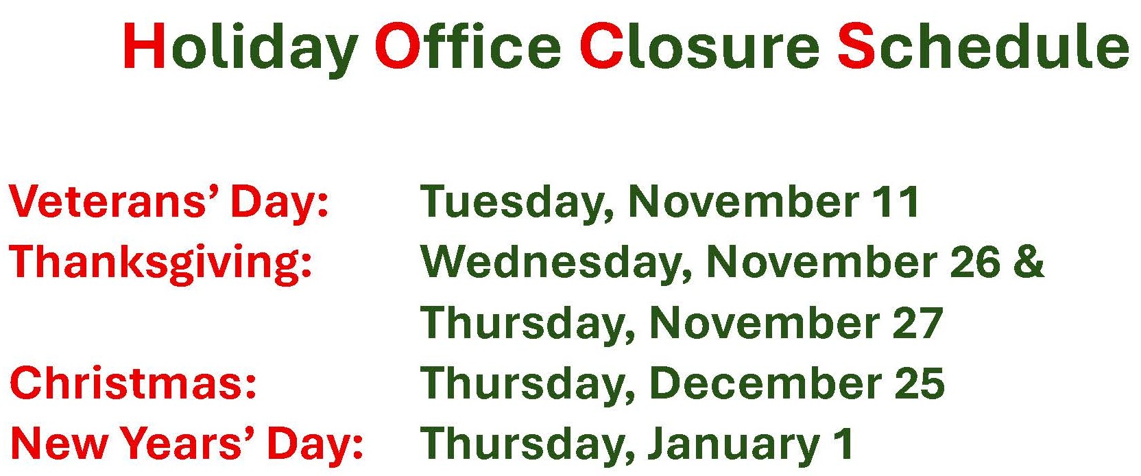 Holiday Office Closure Schedule2025